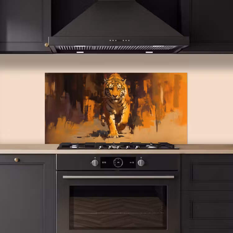 Tijger - Geschilderd - Oranje - Penseelstreken keuken achterwand spatscherm middel -sfeer1