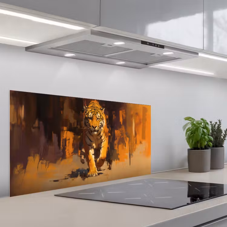 Tijger - Geschilderd - Oranje - Penseelstreken keuken achterwand spatscherm middel -3d_schuin