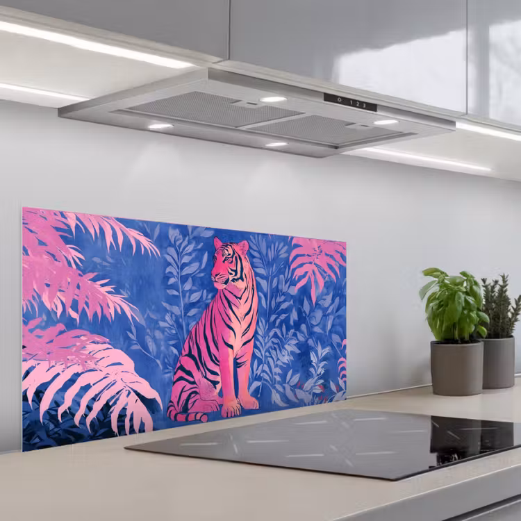 Tijger - Roze - Bladeren - Jungle keuken achterwand spatscherm middel -3d_schuin