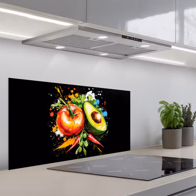 Tomaat - Avocado - Peper - Graffiti - Verf - Modern keuken achterwand spatscherm middel -3d_schuin
