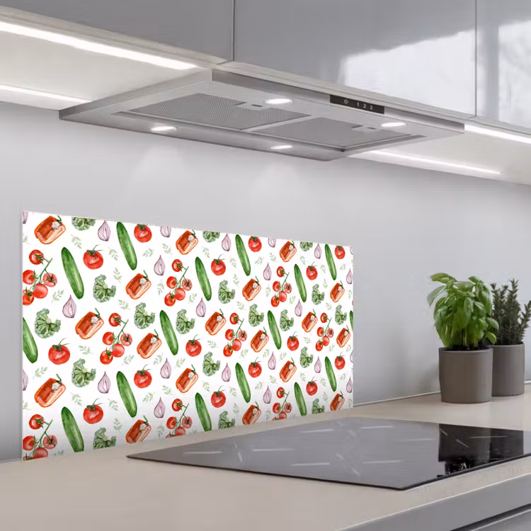 Tomaat - Paprika - Komkommer - Patroon keuken achterwand spatscherm middel 899 -3d_schuin