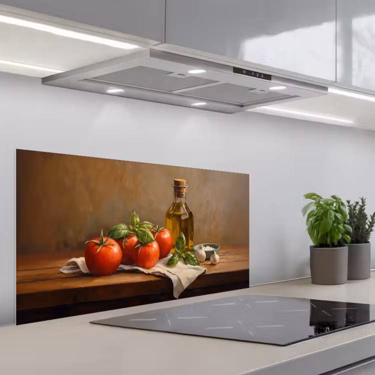 Tomaten - Olijfolie - Stilleven keuken achterwand spatscherm middel -3d_schuin
