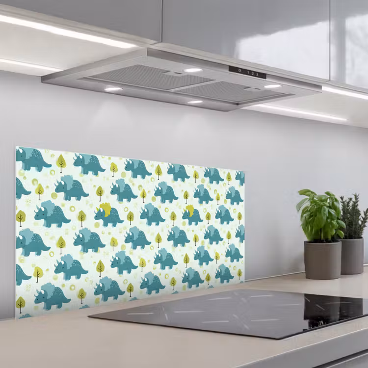 Triceratop - Blauw - Stippen - Boompjes keuken achterwand spatscherm middel -3d_schuin