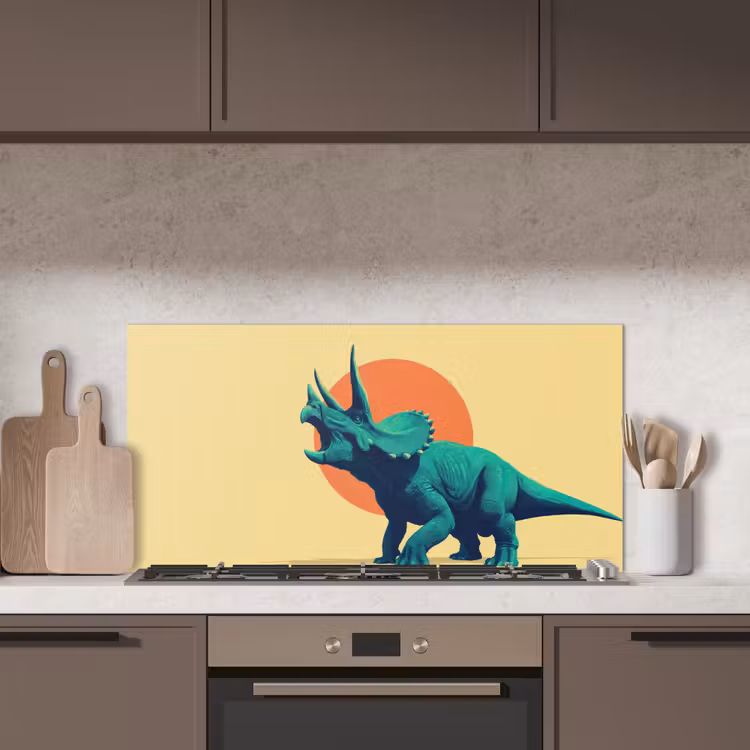 Triceratops - Cirkel - Oranje - Hoorns keuken achterwand spatscherm middel -sfeer2