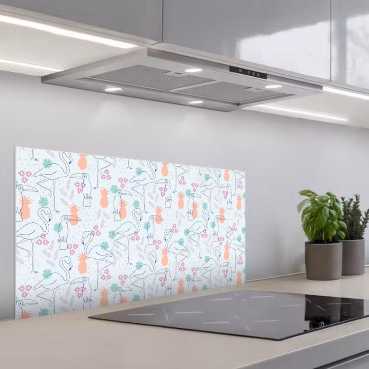 Tropisch - Vogels - Ananas keuken achterwand spatscherm middel 899 -3d_schuin