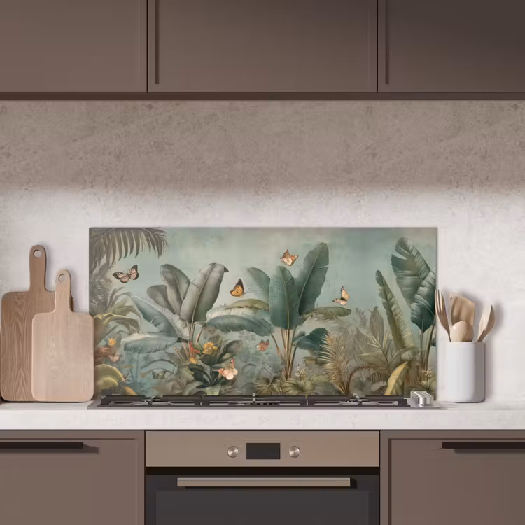 Tropisch bladerdek - Vlinders - groen - Bruin keuken achterwand spatscherm middel -sfeer2