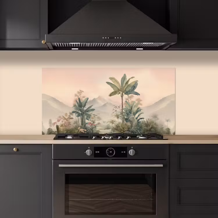 Tropisch landschap - palmbomen - Bloemen - Roze lucht keuken achterwand spatscherm middel -sfeer1
