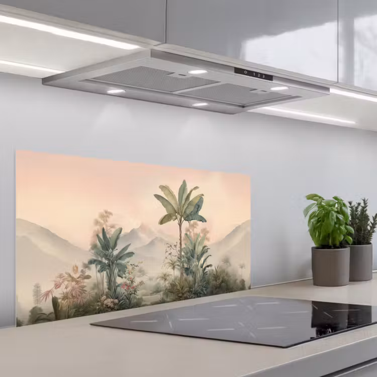 Tropisch landschap - palmbomen - Bloemen - Roze lucht keuken achterwand spatscherm middel -3d_schuin