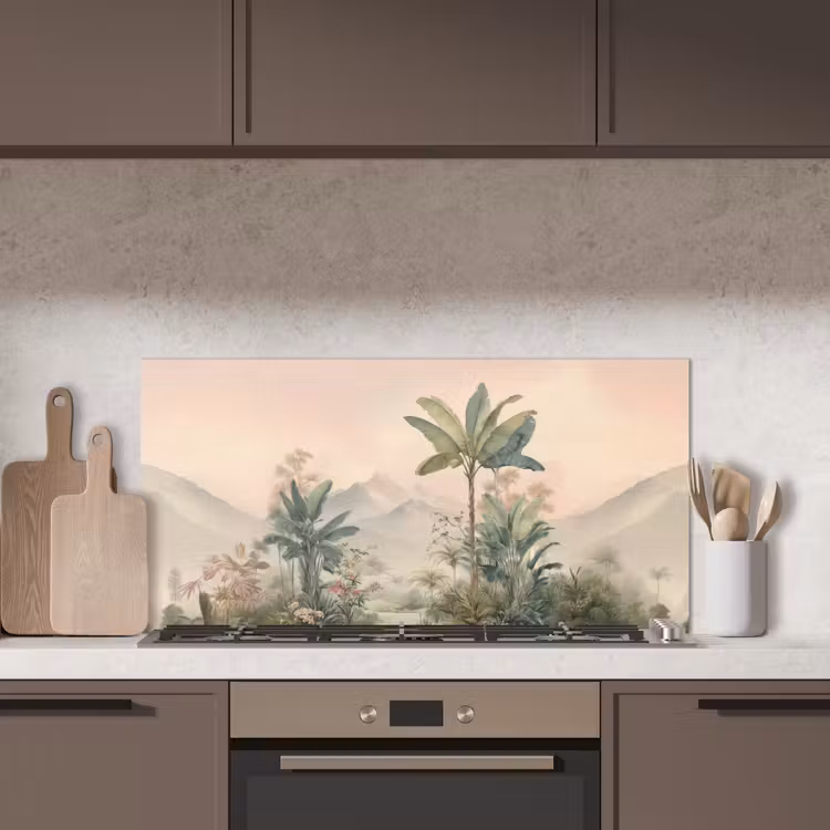 Tropisch landschap - palmbomen - Bloemen - Roze lucht keuken achterwand spatscherm middel -sfeer2