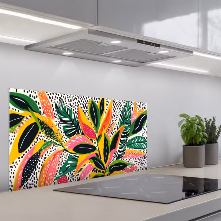 Tropisch - Bladeren - Zwart - wit keuken achterwand spatscherm middel -3d_schuin