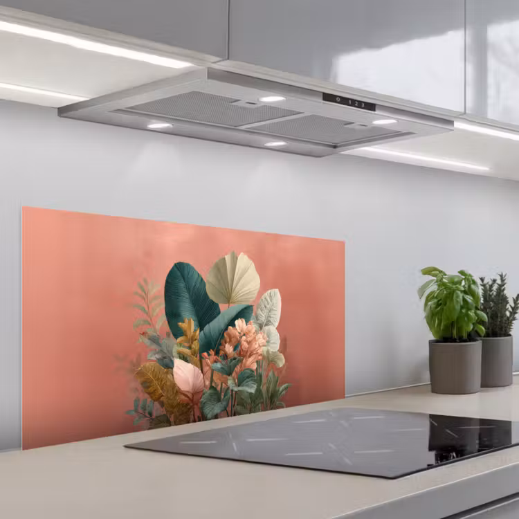 Tropische bladeren - Bloemen - Roze - groen keuken achterwand spatscherm middel -3d_schuin