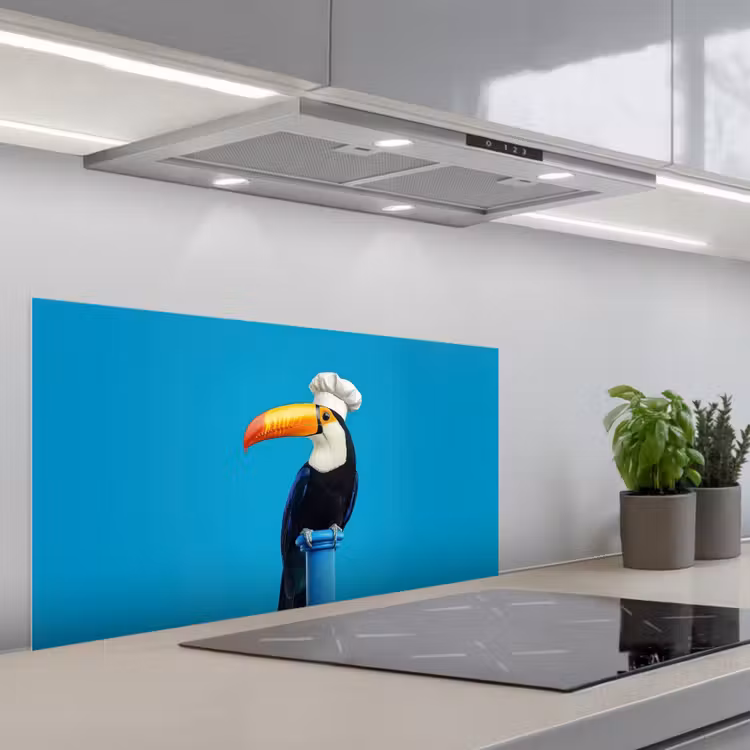 Tucan - Sokkel - Vogel - Koksmuts keuken achterwand spatscherm middel -3d_schuin