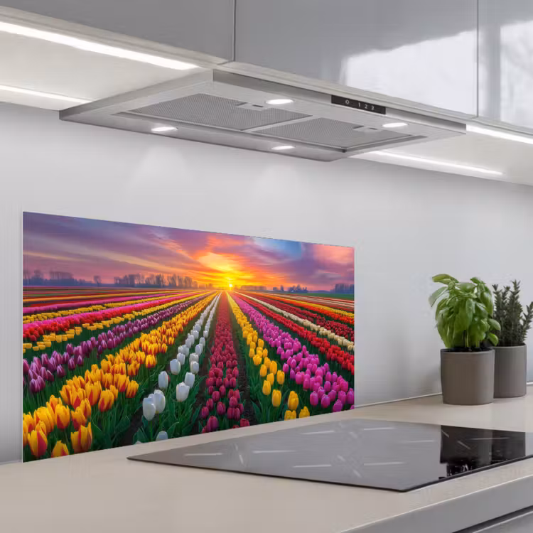 Tulpenveld - Zonsondergang - Kleurrijk keuken achterwand spatscherm middel -3d_schuin