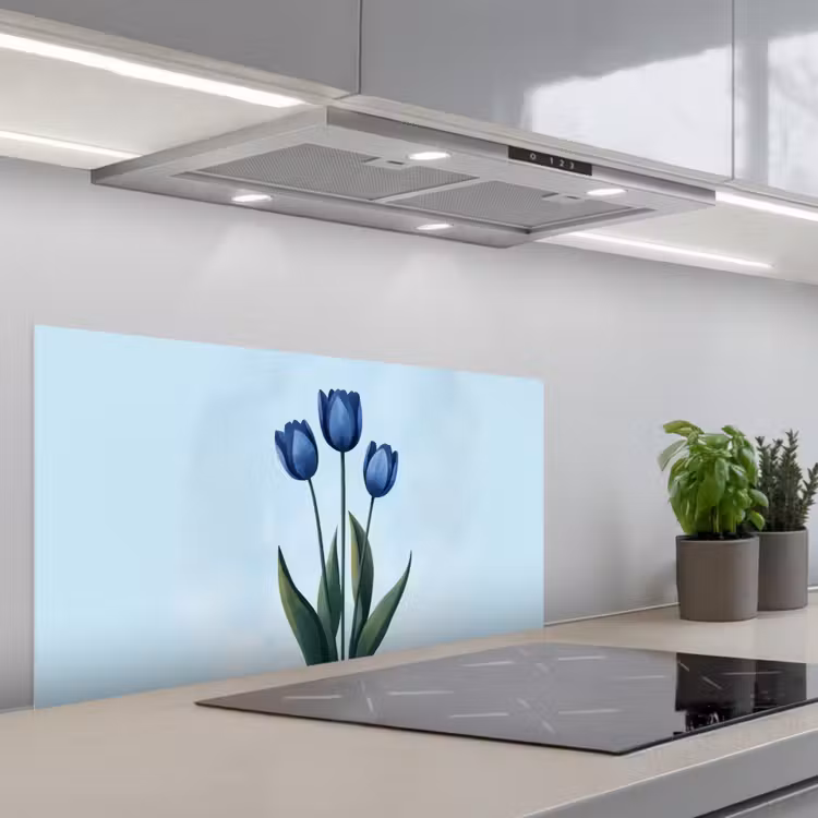 Tulpen - Blauw - Bladeren keuken achterwand spatscherm middel -3d_schuin