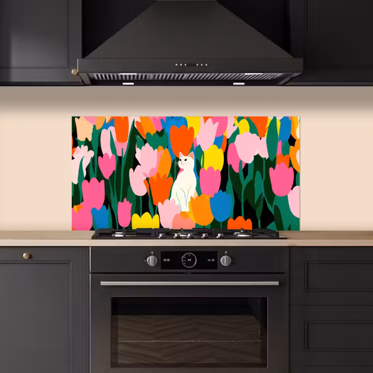 Tulpen - Kat - Kleurrijk keuken achterwand spatscherm middel -sfeer1