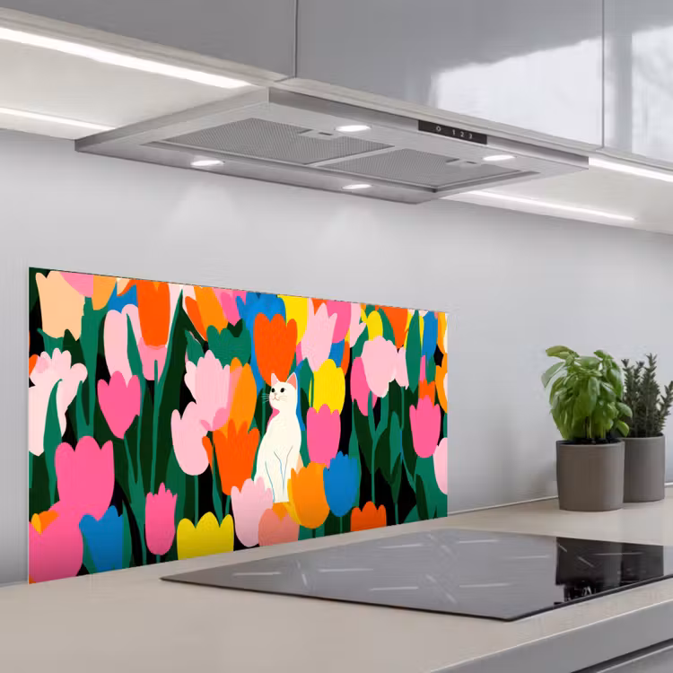 Tulpen - Kat - Kleurrijk keuken achterwand spatscherm middel -3d_schuin
