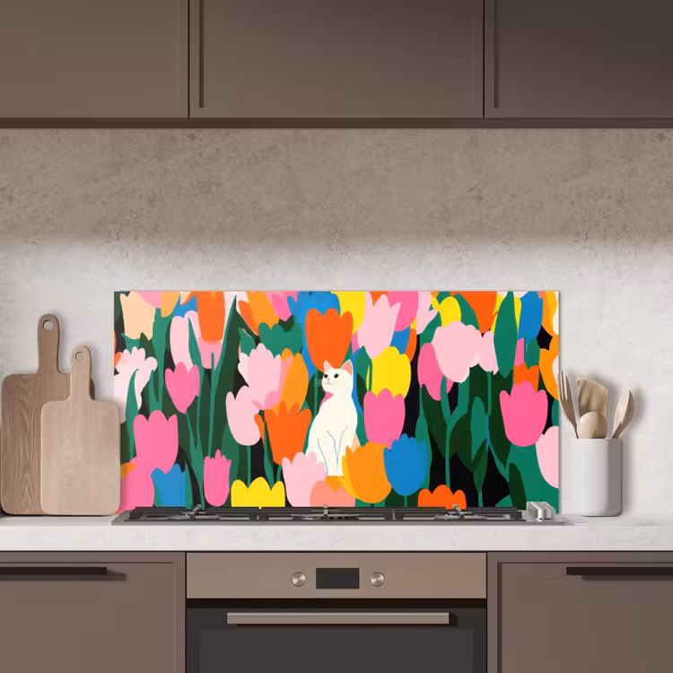 Tulpen - Kat - Kleurrijk keuken achterwand spatscherm middel -sfeer2