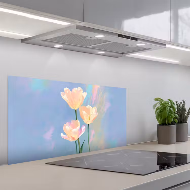 Tulpen - Roze accenten - Blauw keuken achterwand spatscherm middel -3d_schuin