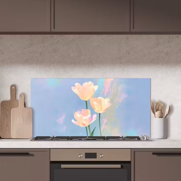 Tulpen - Roze accenten - Blauw keuken achterwand spatscherm middel -sfeer2
