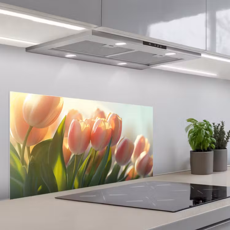 Tulpen - Roze - Zonnestralen keuken achterwand spatscherm middel -3d_schuin