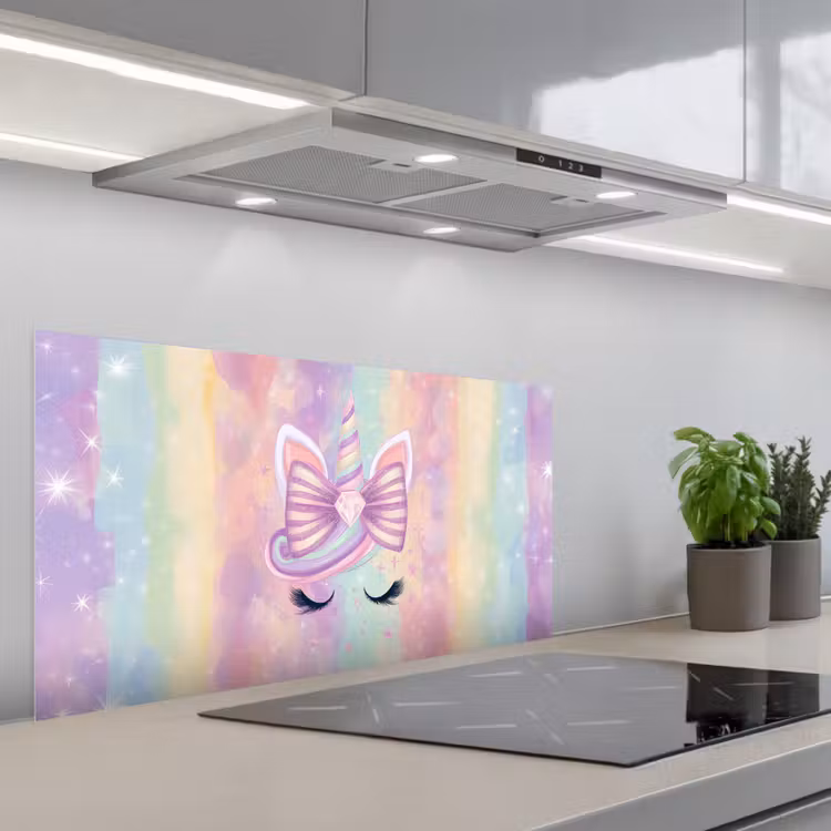 Eenhoorn - Glitters - Regenboog - Pastel keuken achterwand spatscherm middel -3d_schuin