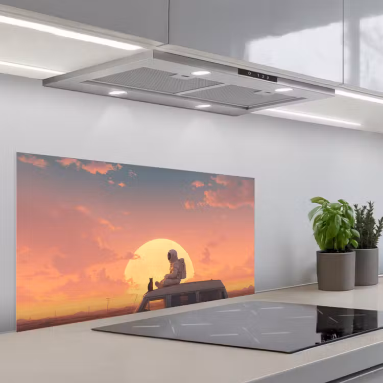 Busje - Kat - Zonsondergang - Oranje keuken achterwand spatscherm middel -3d_schuin