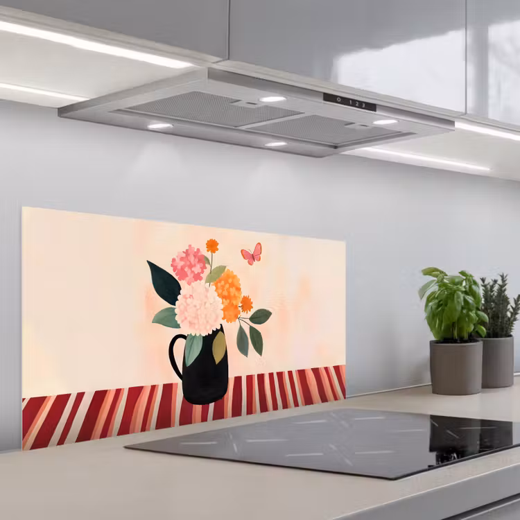 Vaas - Bloemen - Vlinder - Rood keuken achterwand spatscherm middel -3d_schuin