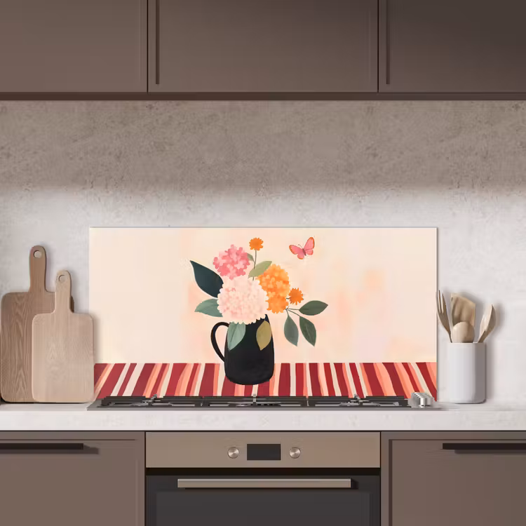 Vaas - Bloemen - Vlinder - Rood keuken achterwand spatscherm middel -sfeer2