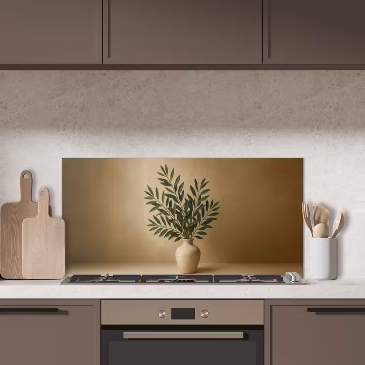 Vaas - Olijftakken - Bladeren - Beige keuken achterwand spatscherm middel -sfeer2