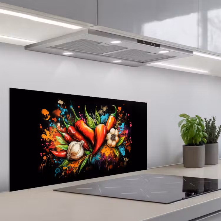 Groente - Peper - Knoflook - Graffiti - Verf - Kleurrijk keuken achterwand spatscherm middel -3d_schuin
