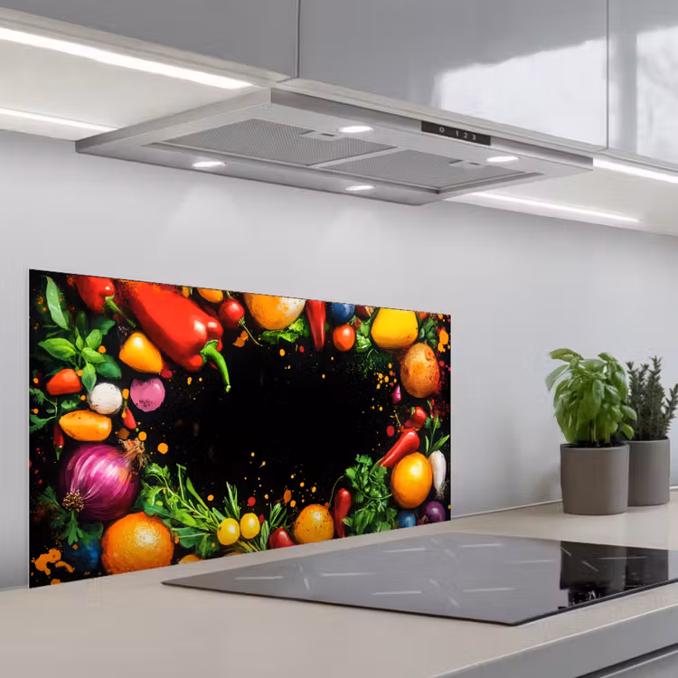 Groente - Graffiti - Kleurrijk - Koken - Abstract keuken achterwand spatscherm middel -3d_schuin