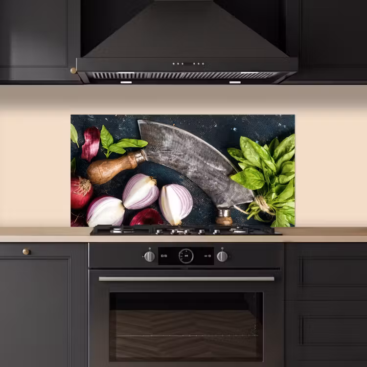Groente - Kruiden - Wiegemes - Ui - Specerijen - Rustiek keuken achterwand spatscherm middel -sfeer1