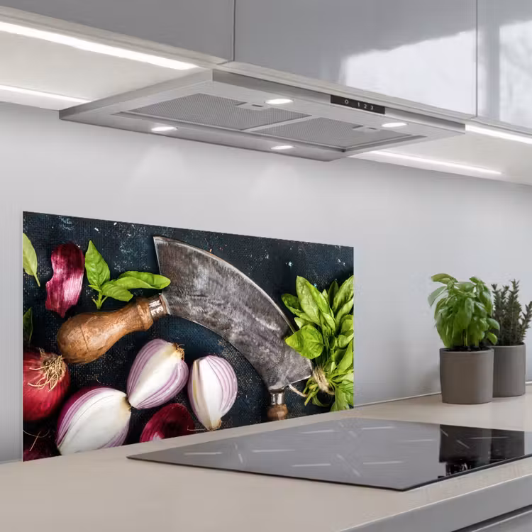 Groente - Kruiden - Wiegemes - Ui - Specerijen - Rustiek keuken achterwand spatscherm middel -3d_schuin