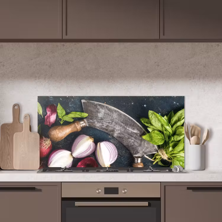 Groente - Kruiden - Wiegemes - Ui - Specerijen - Rustiek keuken achterwand spatscherm middel -sfeer2