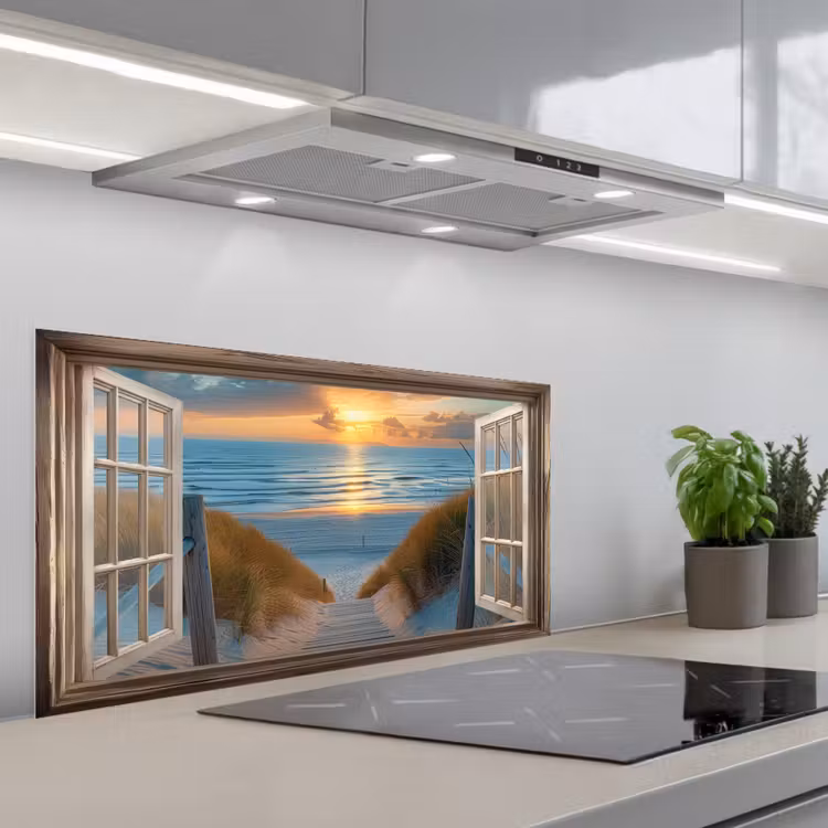 Doorkijk - Strand - Pad - Zonsondergang keuken achterwand spatscherm middel -3d_schuin