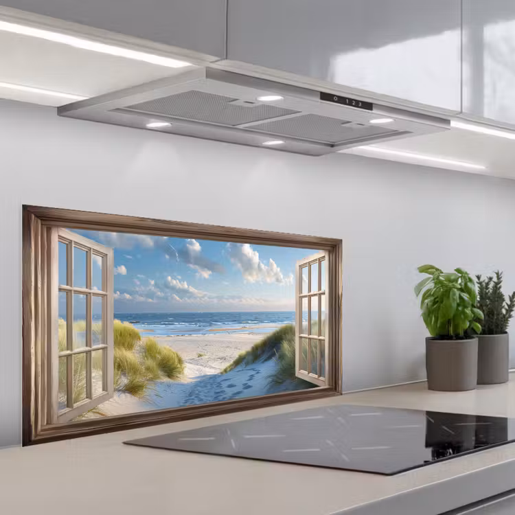Doorkijk - Strand - Raam - Duinen - Zee keuken achterwand spatscherm middel -3d_schuin