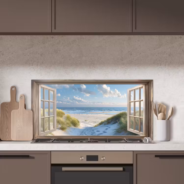 Doorkijk - Strand - Raam - Duinen - Zee keuken achterwand spatscherm middel -sfeer2
