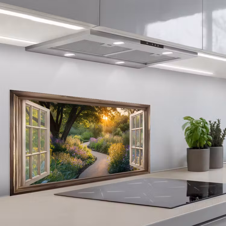 Doorkijk - Bloemen - Natuur - Zon - Pad keuken achterwand spatscherm middel -3d_schuin