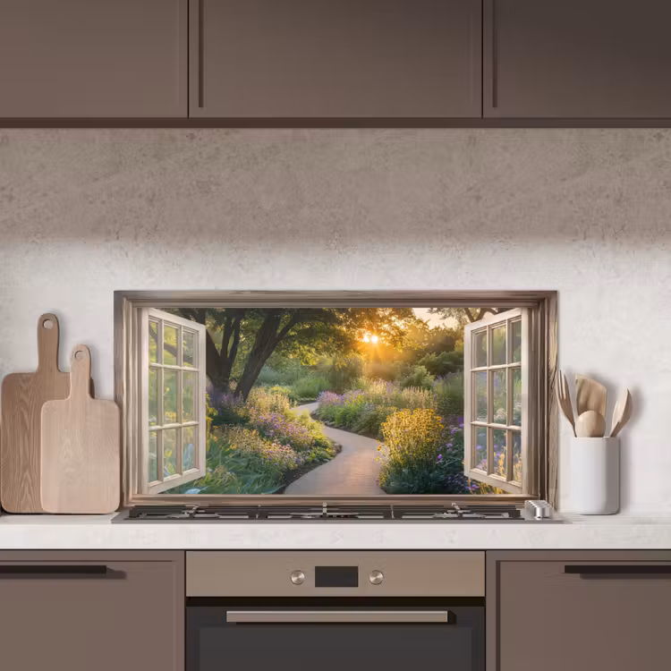 Doorkijk - Bloemen - Natuur - Zon - Pad keuken achterwand spatscherm middel -sfeer2