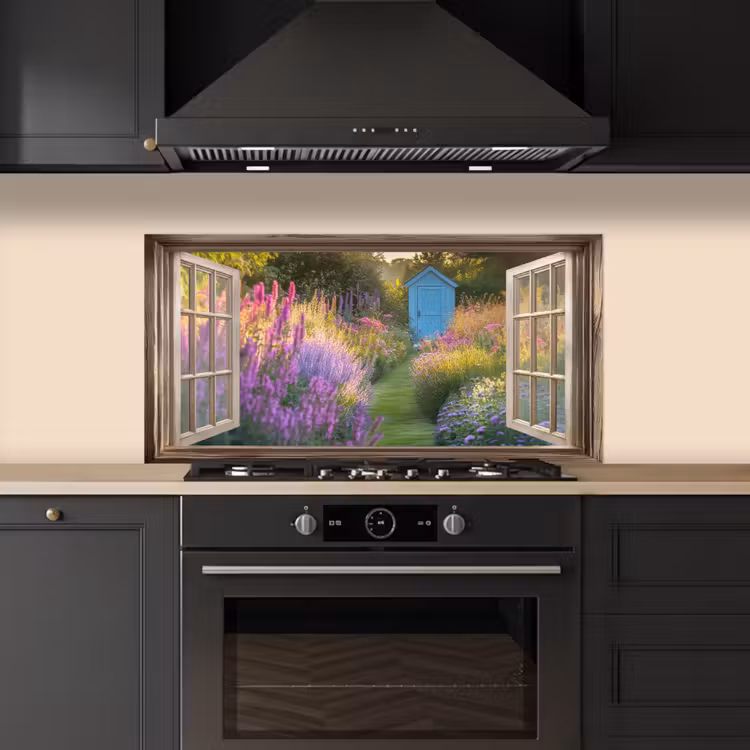 Doorkijk - Bloemen - Raam - Natuur keuken achterwand spatscherm middel -sfeer1