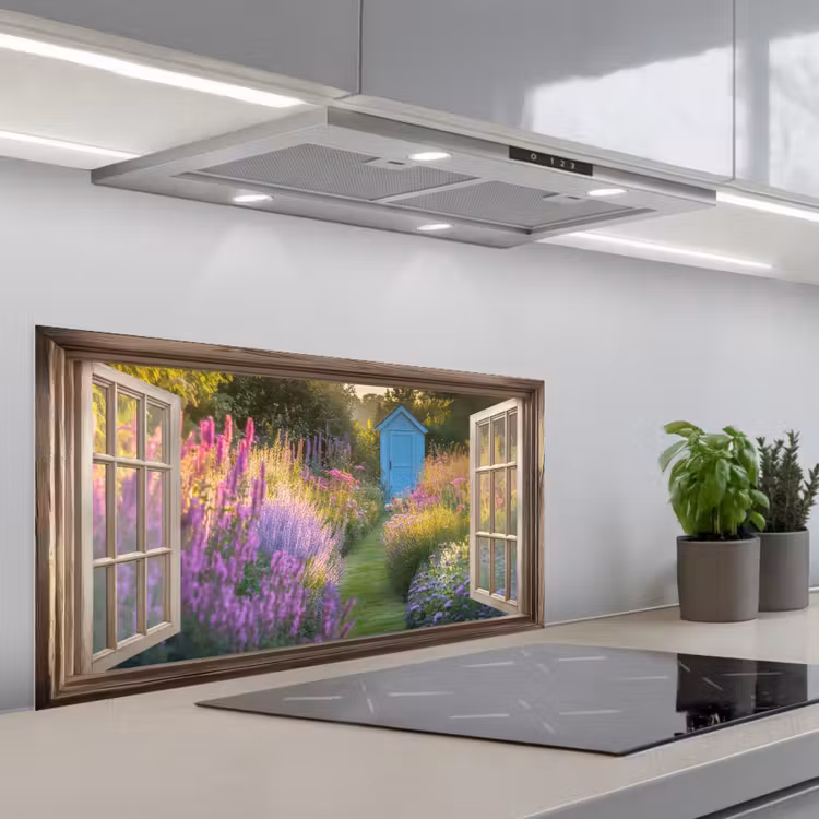 Doorkijk - Bloemen - Raam - Natuur keuken achterwand spatscherm middel -3d_schuin