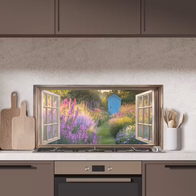 Doorkijk - Bloemen - Raam - Natuur keuken achterwand spatscherm middel -sfeer2
