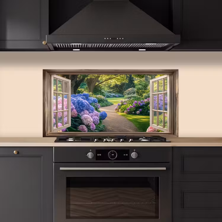 Doorkijk - Tuin - Raam - Hortensia - Bloemen keuken achterwand spatscherm middel -sfeer1