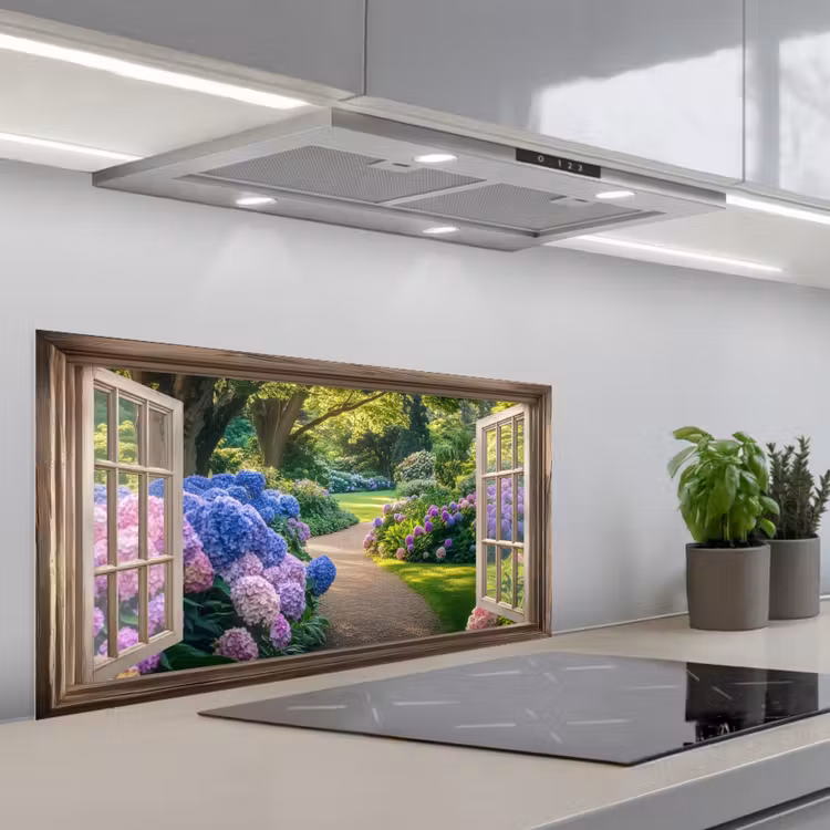 Doorkijk - Tuin - Raam - Hortensia - Bloemen keuken achterwand spatscherm middel -3d_schuin