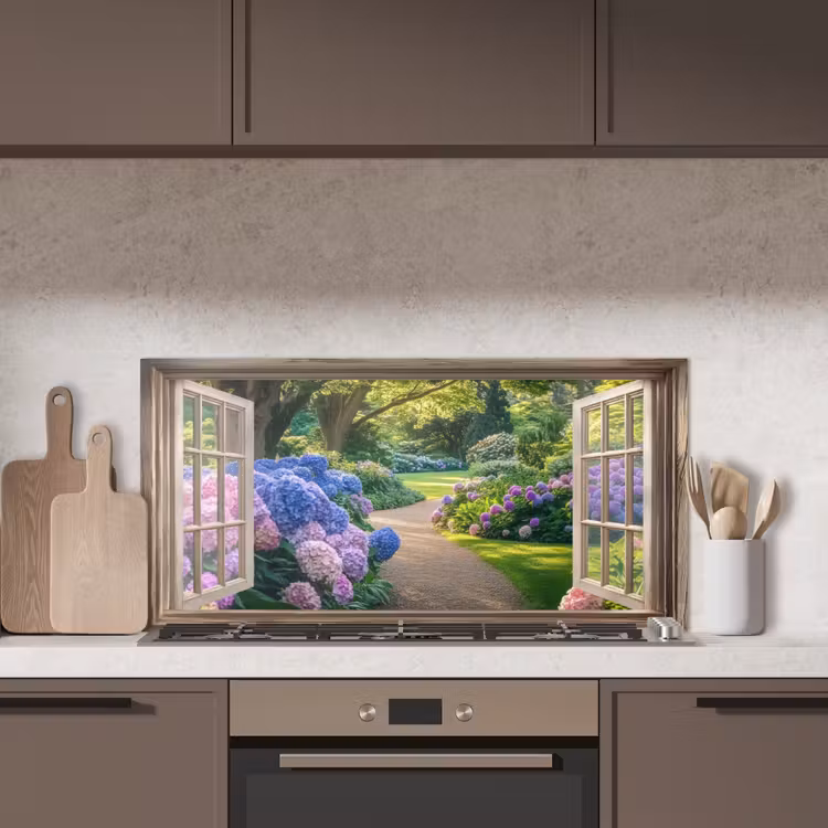 Doorkijk - Tuin - Raam - Hortensia - Bloemen keuken achterwand spatscherm middel -sfeer2
