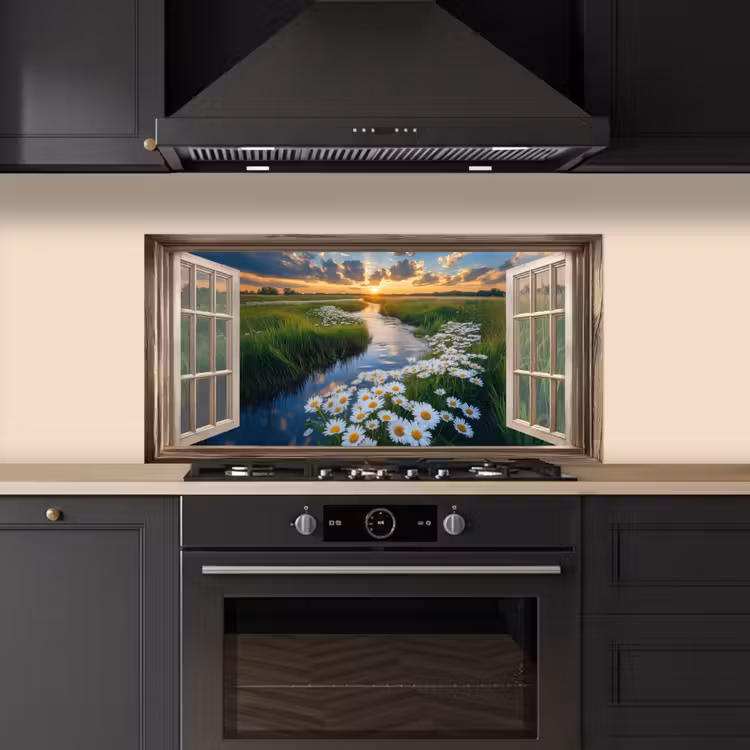 Doorkijk - Landschap - Raam - Water - Zonsondergang keuken achterwand spatscherm middel -sfeer1