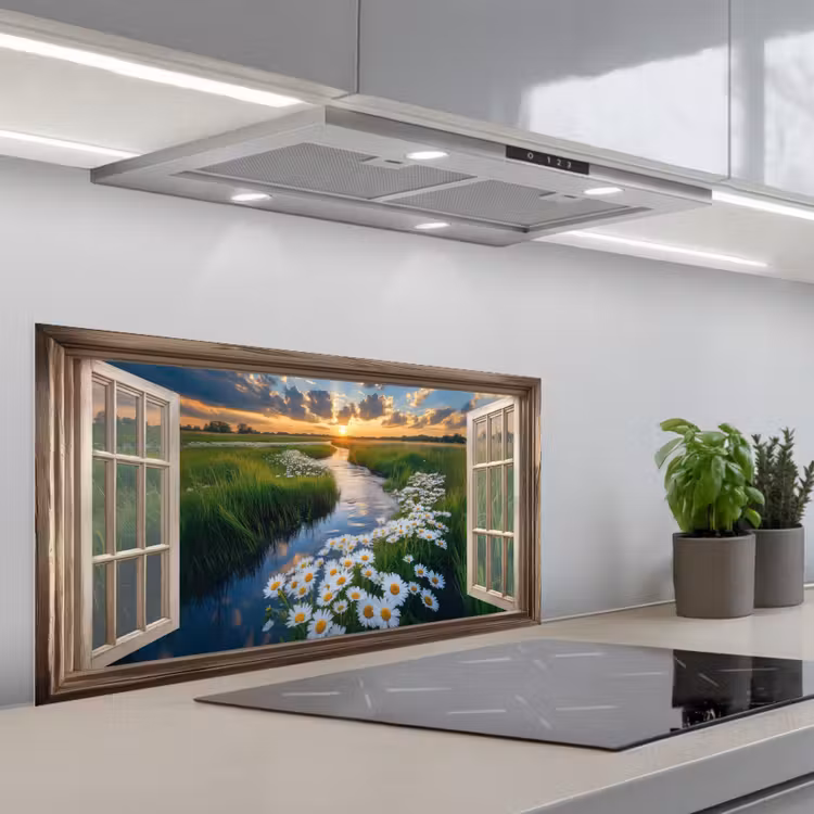 Doorkijk - Landschap - Raam - Water - Zonsondergang keuken achterwand spatscherm middel -3d_schuin