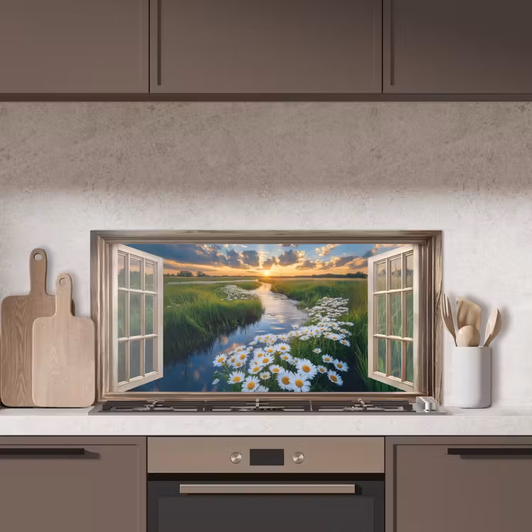 Doorkijk - Landschap - Raam - Water - Zonsondergang keuken achterwand spatscherm middel -sfeer2