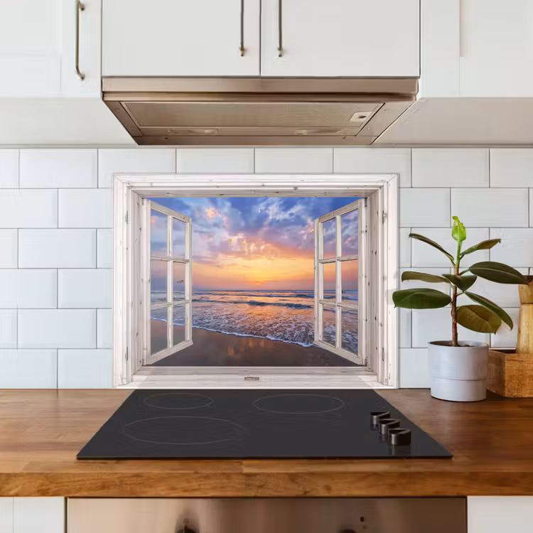 Doorkijk - Zee - Strand - Zonsondergang - Blauw keuken achterwand spatscherm middel -sfeer2