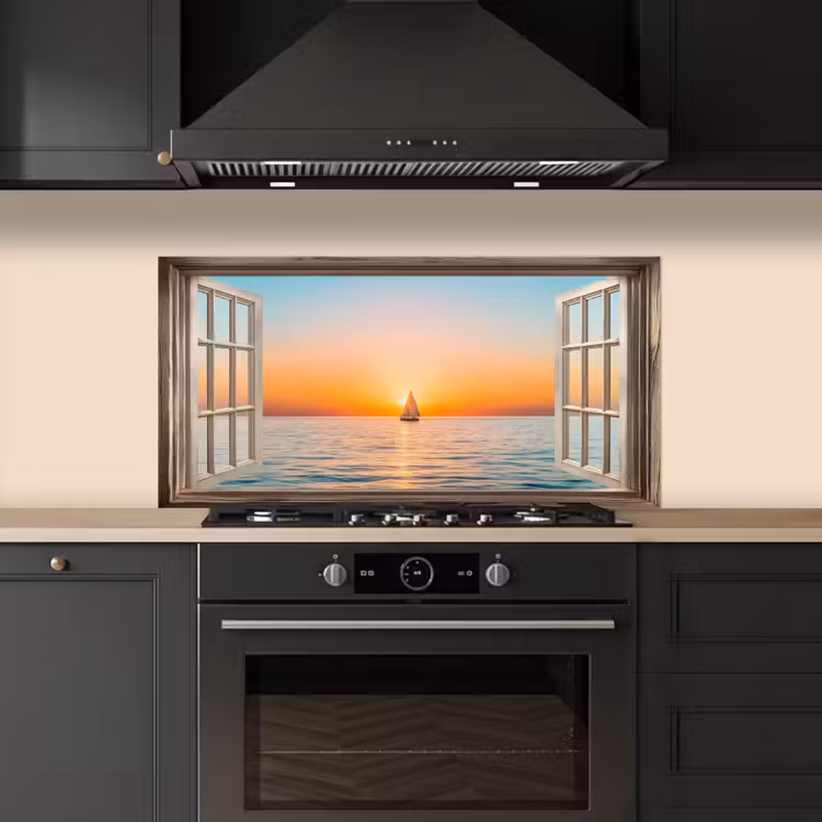 Doorkijk - Zee - Boot - Zonsondergang keuken achterwand spatscherm middel -sfeer1
